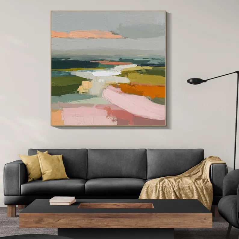 Colorful Abstract Landscape Wall Art – Modern Palette Knife Canvas Painting for Contemporary Living Room Decor
