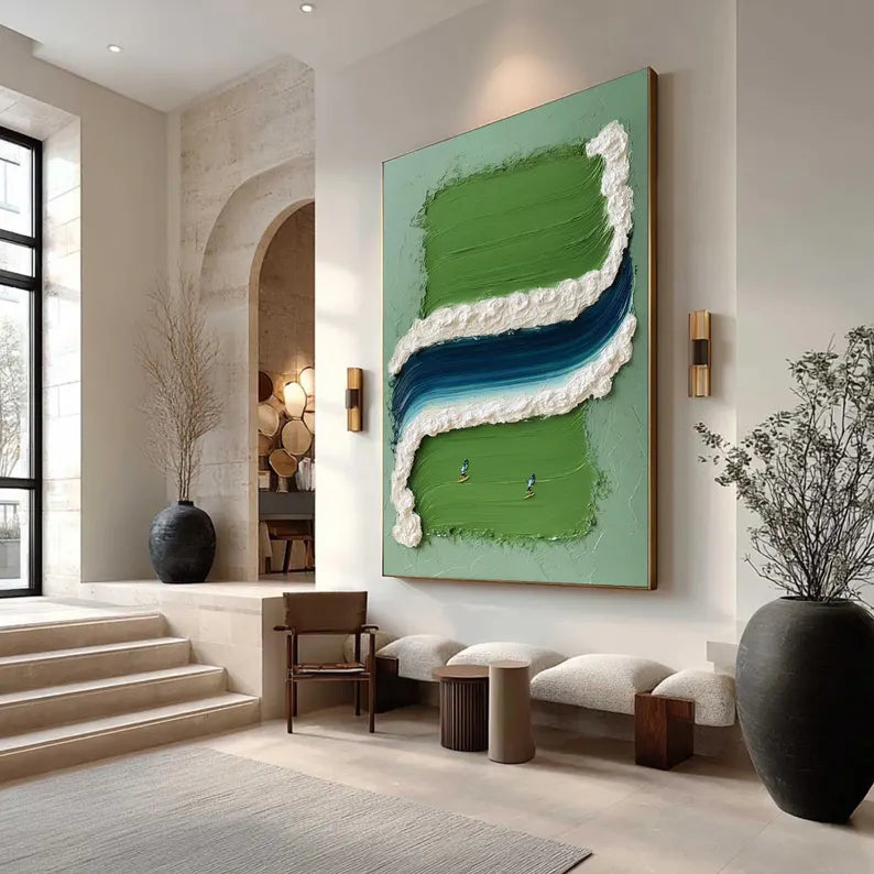 Large Green Abstract River Wall Art – Modern Textured Landscape Canvas Painting for Living Room Decor