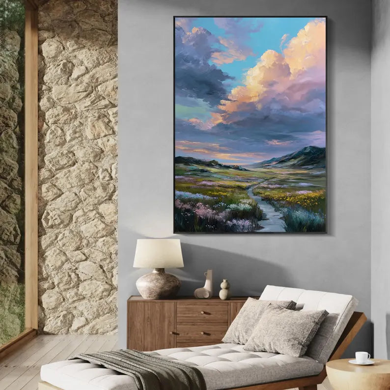 Colorful Mountain Valley Landscape Wall Art – Dramatic Sky Nature Canvas Painting for Living Room Decor