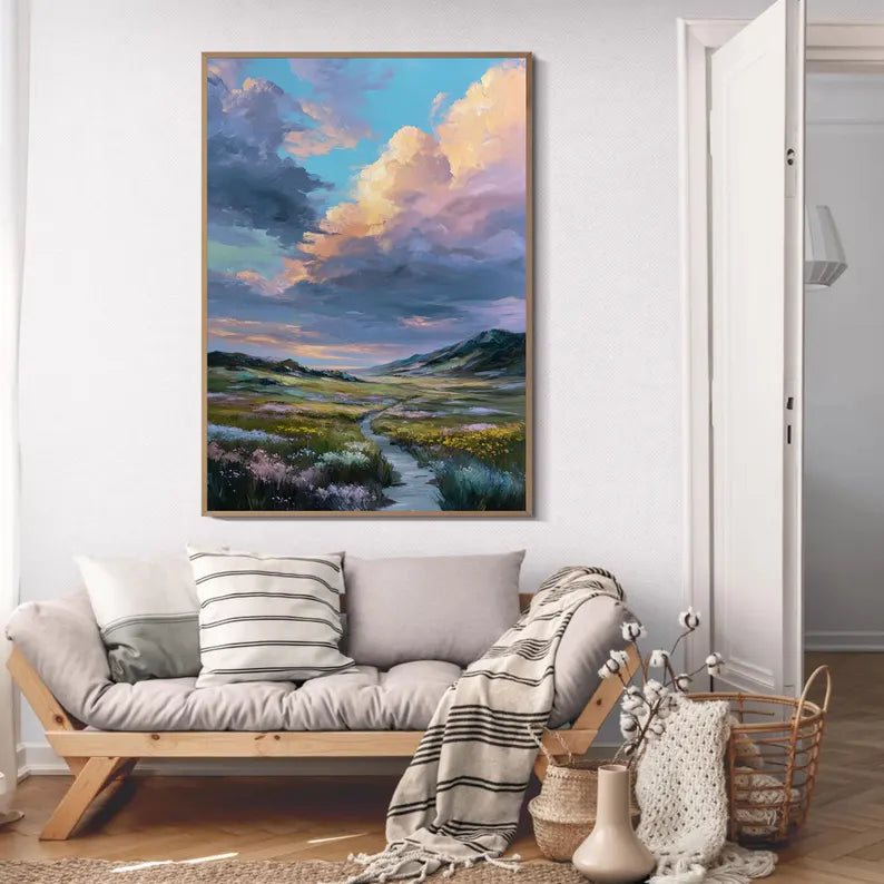 Colorful Mountain Valley Landscape Wall Art – Dramatic Sky Nature Canvas Painting for Living Room Decor