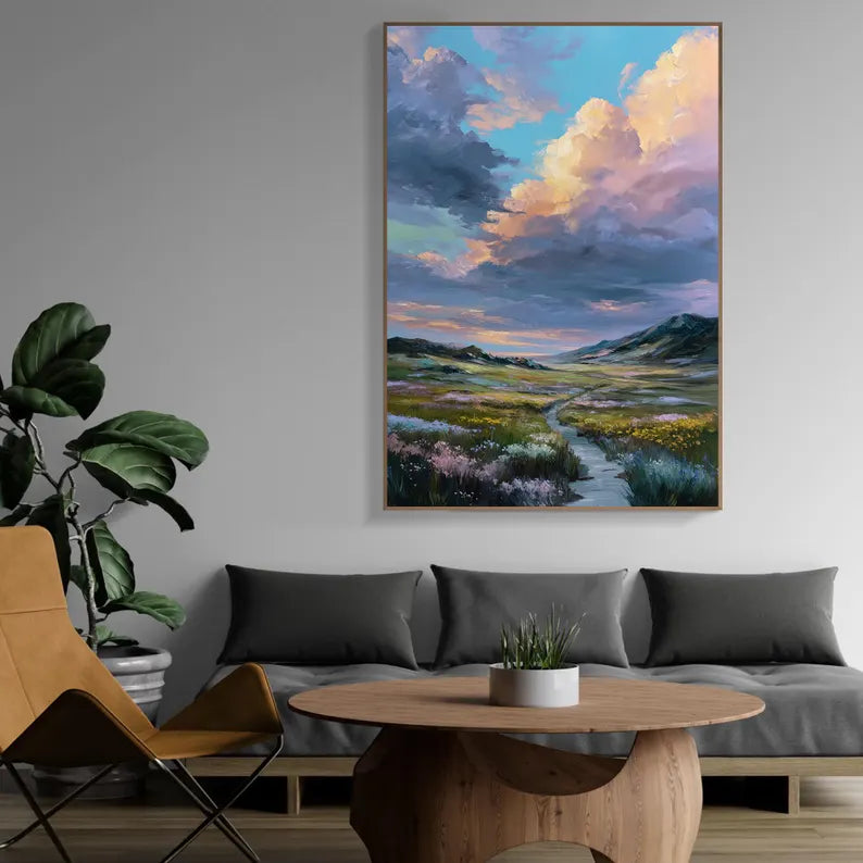 Colorful Mountain Valley Landscape Wall Art – Dramatic Sky Nature Canvas Painting for Living Room Decor