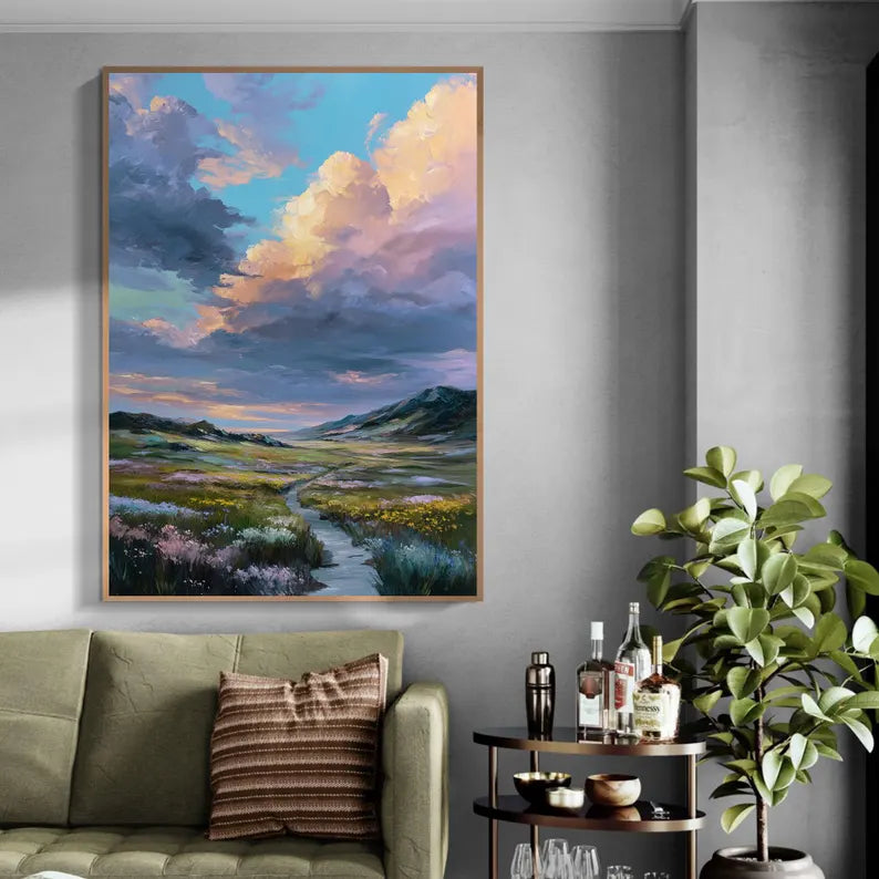 Colorful Mountain Valley Landscape Wall Art – Dramatic Sky Nature Canvas Painting for Living Room Decor