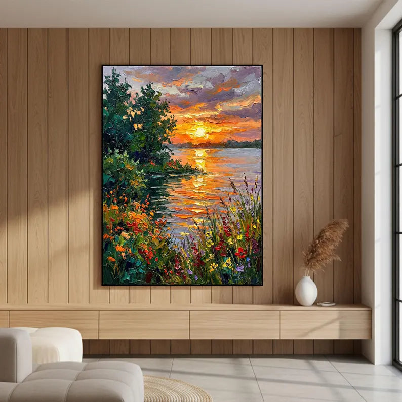 Colorful Sunset Lake Landscape Wall Art – Impressionist Nature Canvas Painting for Living Room Decor