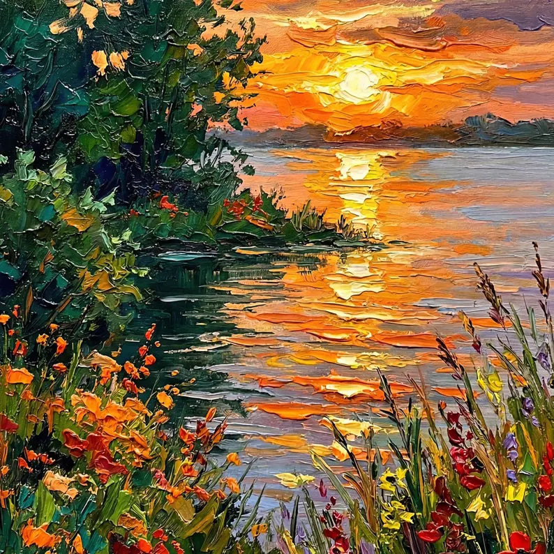 Colorful Sunset Lake Landscape Wall Art – Impressionist Nature Canvas Painting for Living Room Decor
