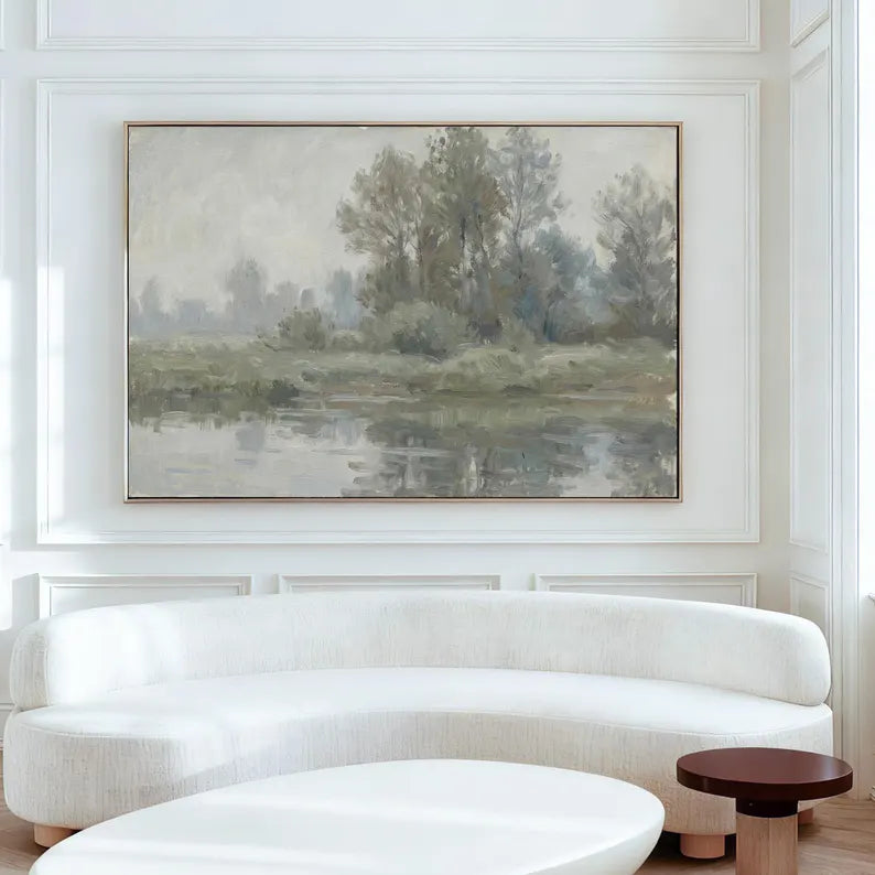 Serene River Landscape Wall Art – Soft Impressionist Nature Canvas Painting for Living Room Decor