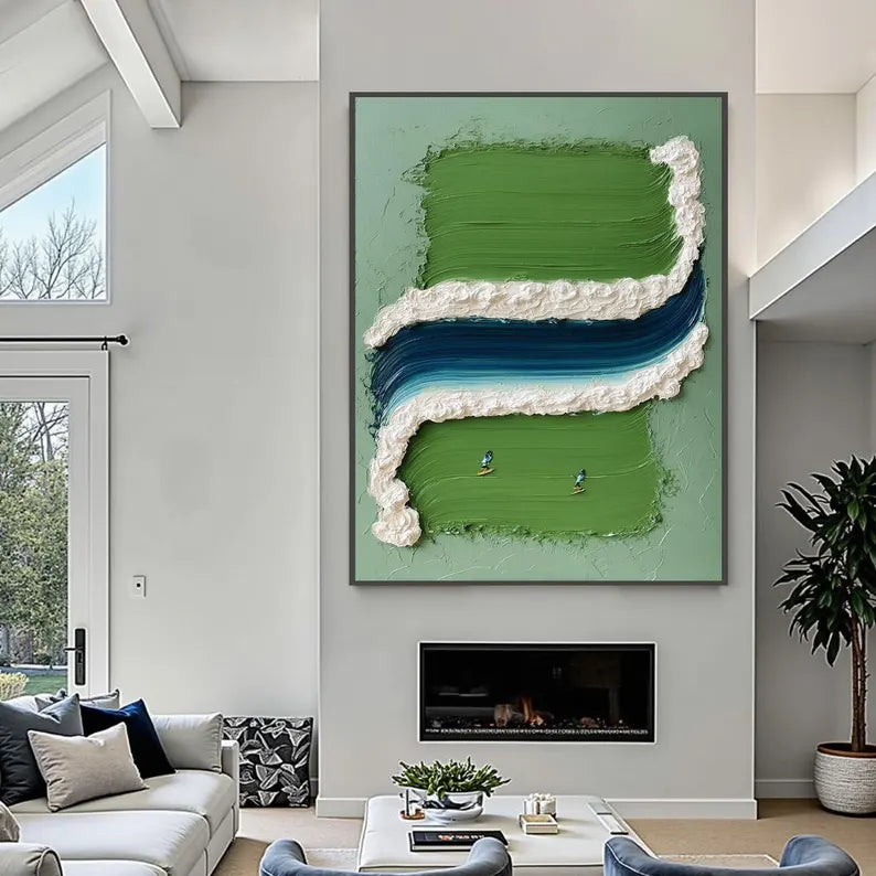 Large Green Abstract River Wall Art – Modern Textured Landscape Canvas Painting for Living Room Decor