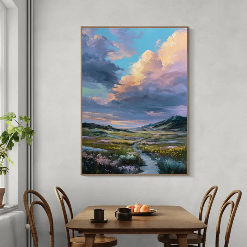 Colorful Mountain Valley Landscape Wall Art – Dramatic Sky Nature Canvas Painting for Living Room Decor