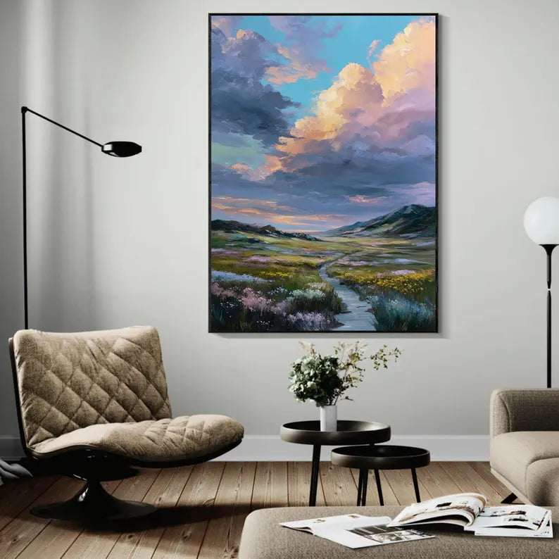 Colorful Mountain Valley Landscape Wall Art – Dramatic Sky Nature Canvas Painting for Living Room Decor