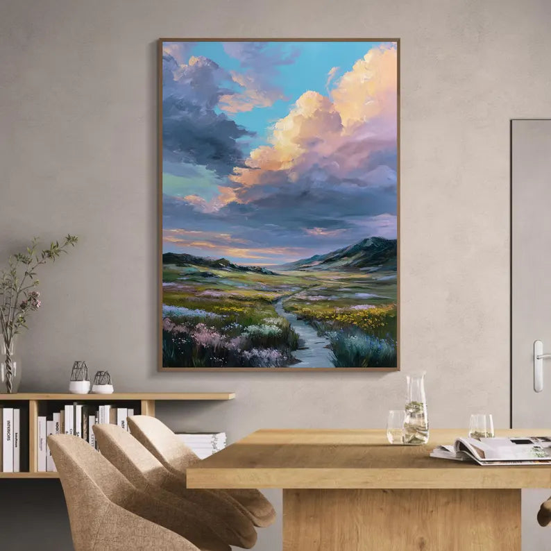 Colorful Mountain Valley Landscape Wall Art – Dramatic Sky Nature Canvas Painting for Living Room Decor
