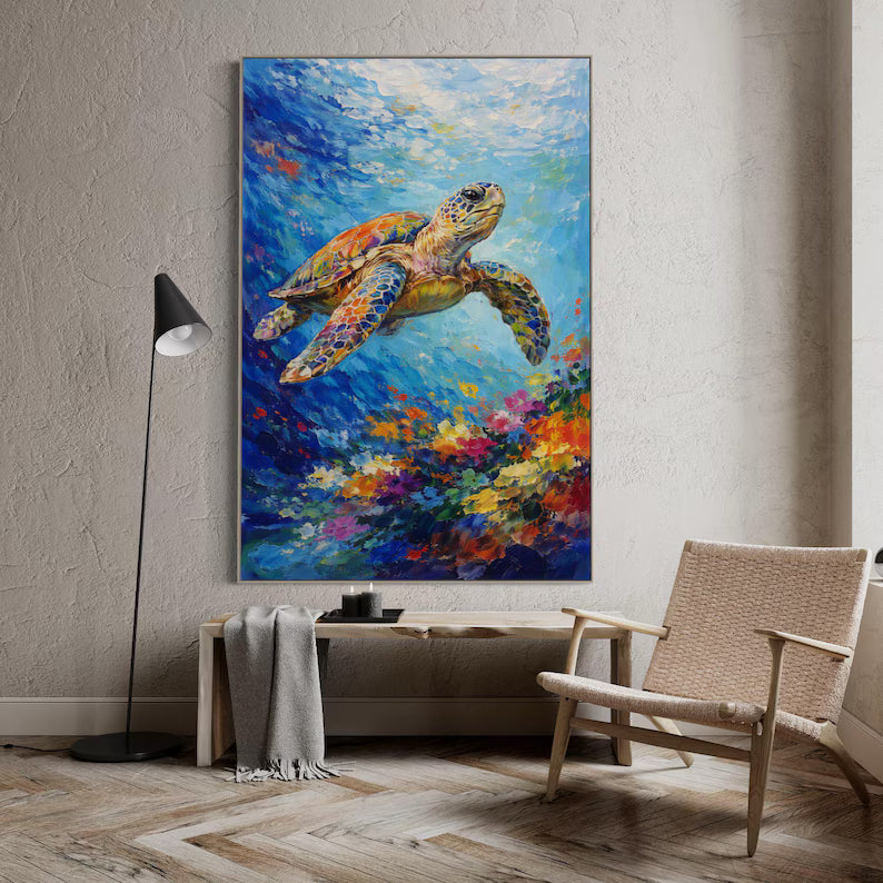 Large Colorful Sea Turtle Ocean Wall Art – Modern Underwater Marine Life Canvas Painting