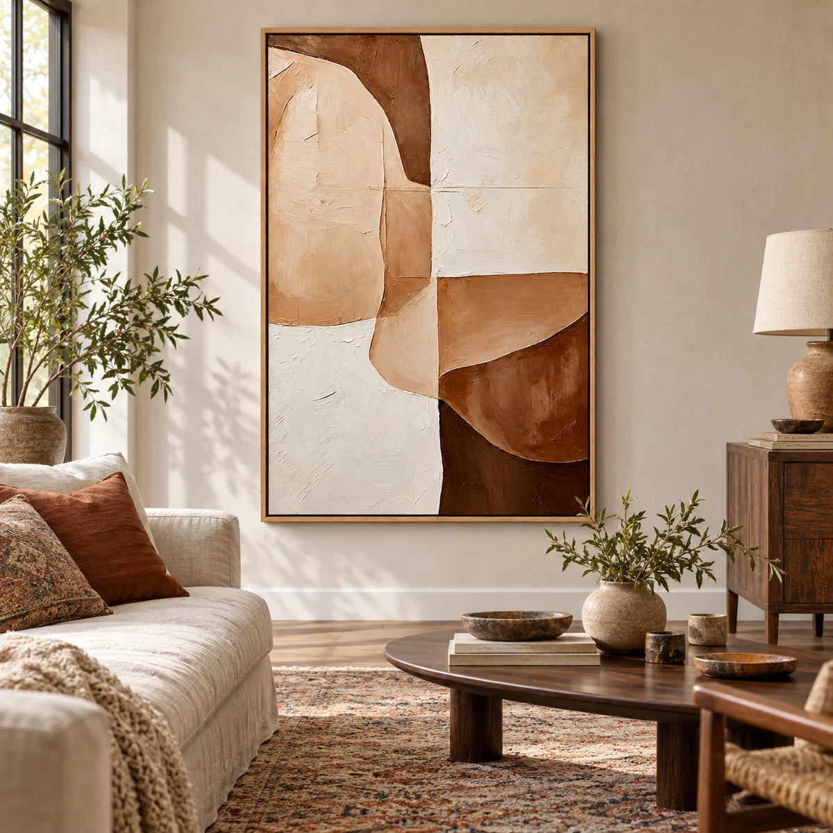 Ownanart Hand-Painted Beige Cream and Brown Organic Geometric Abstract Oil Painting – 3D Textured Vertical Impasto Canvas Wall Art for Living Room Bedroom Entryway and Office