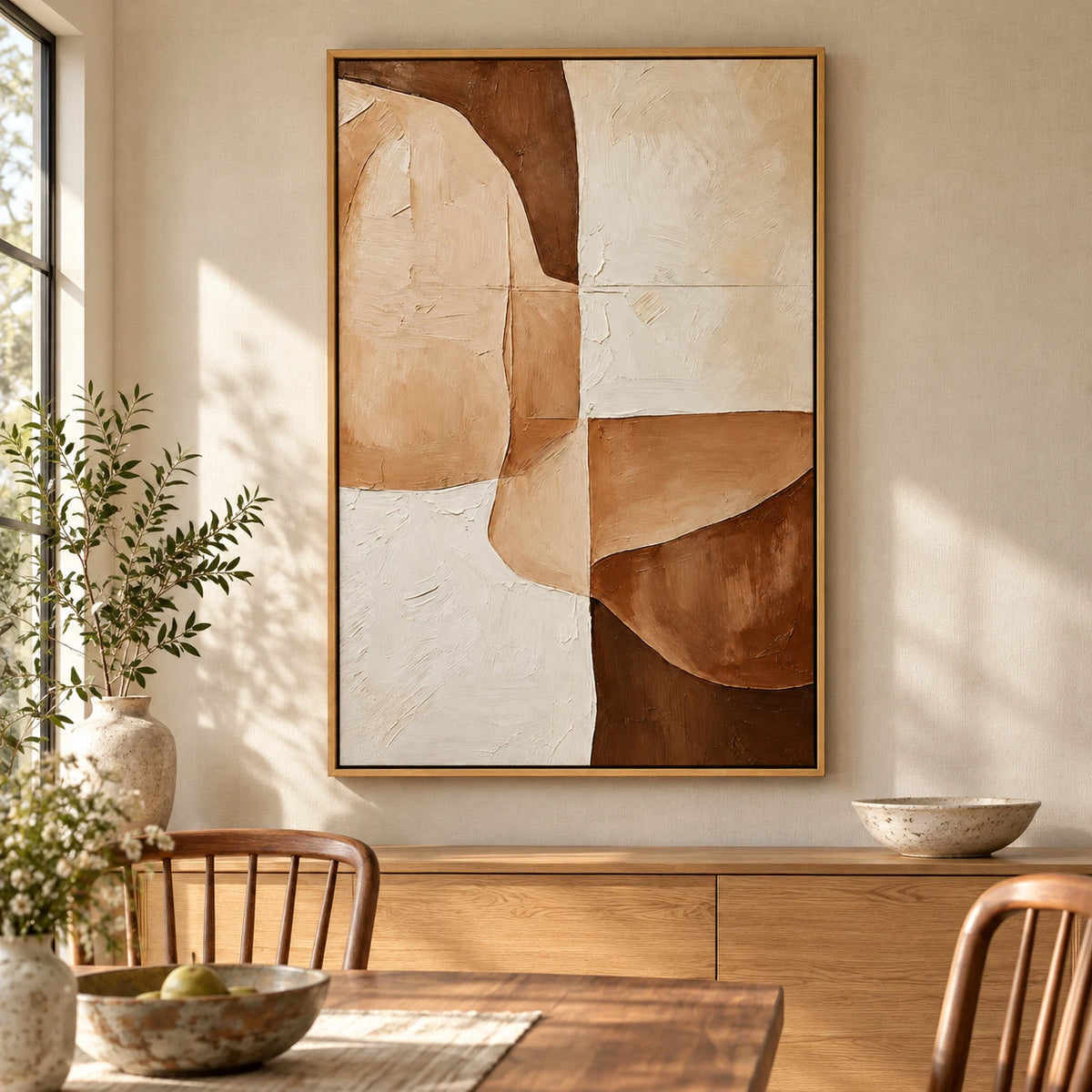 Ownanart Hand-Painted Beige Cream and Brown Organic Geometric Abstract Oil Painting – 3D Textured Vertical Impasto Canvas Wall Art for Living Room Bedroom Entryway and Office
