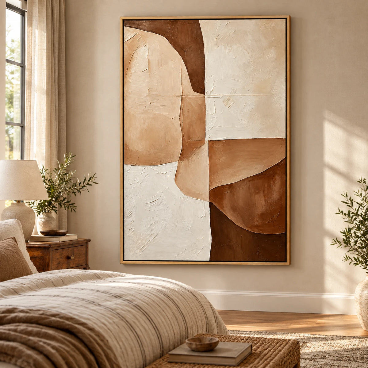 Ownanart Hand-Painted Beige Cream and Brown Organic Geometric Abstract Oil Painting – 3D Textured Vertical Impasto Canvas Wall Art for Living Room Bedroom Entryway and Office
