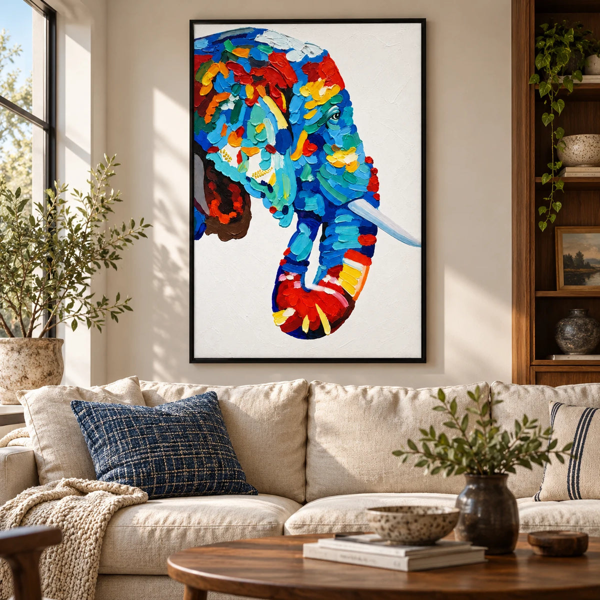 Ownanart Hand-Painted Colorful Blue Elephant Portrait with White Tusk Oil Painting – 3D Textured Vertical Impasto Canvas Wall Art for Living Room Bedroom Entryway and Office