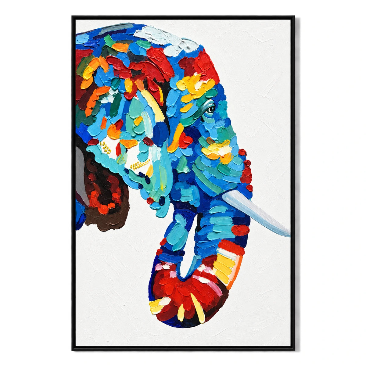 Ownanart Hand-Painted Colorful Blue Elephant Portrait with White Tusk Oil Painting – 3D Textured Vertical Impasto Canvas Wall Art for Living Room Bedroom Entryway and Office