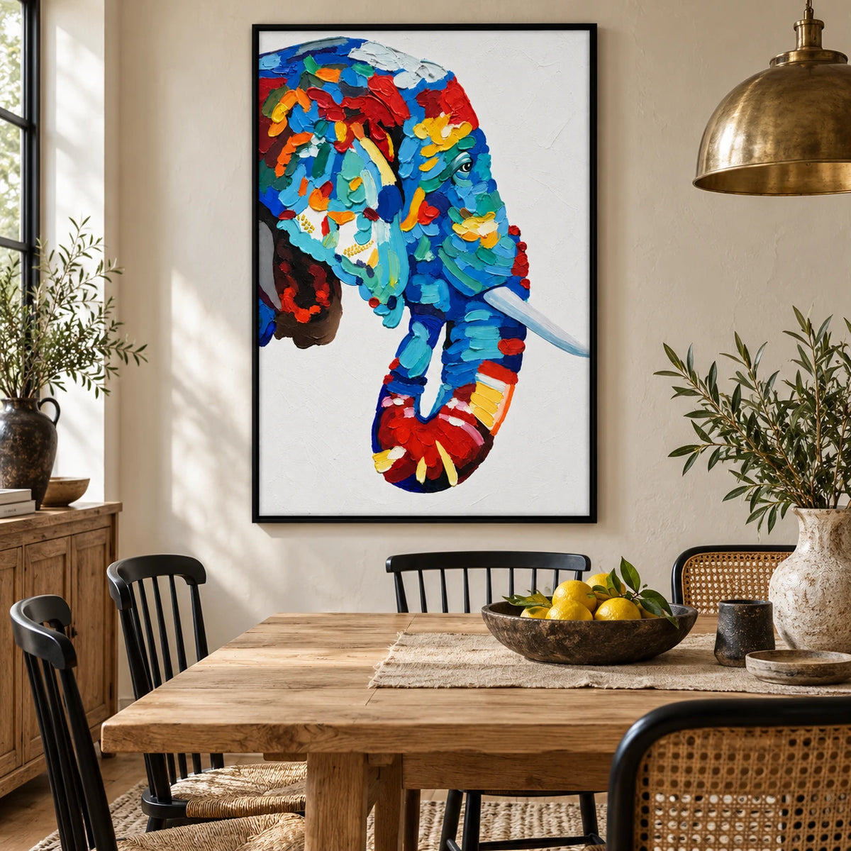 Ownanart Hand-Painted Colorful Blue Elephant Portrait with White Tusk Oil Painting – 3D Textured Vertical Impasto Canvas Wall Art for Living Room Bedroom Entryway and Office
