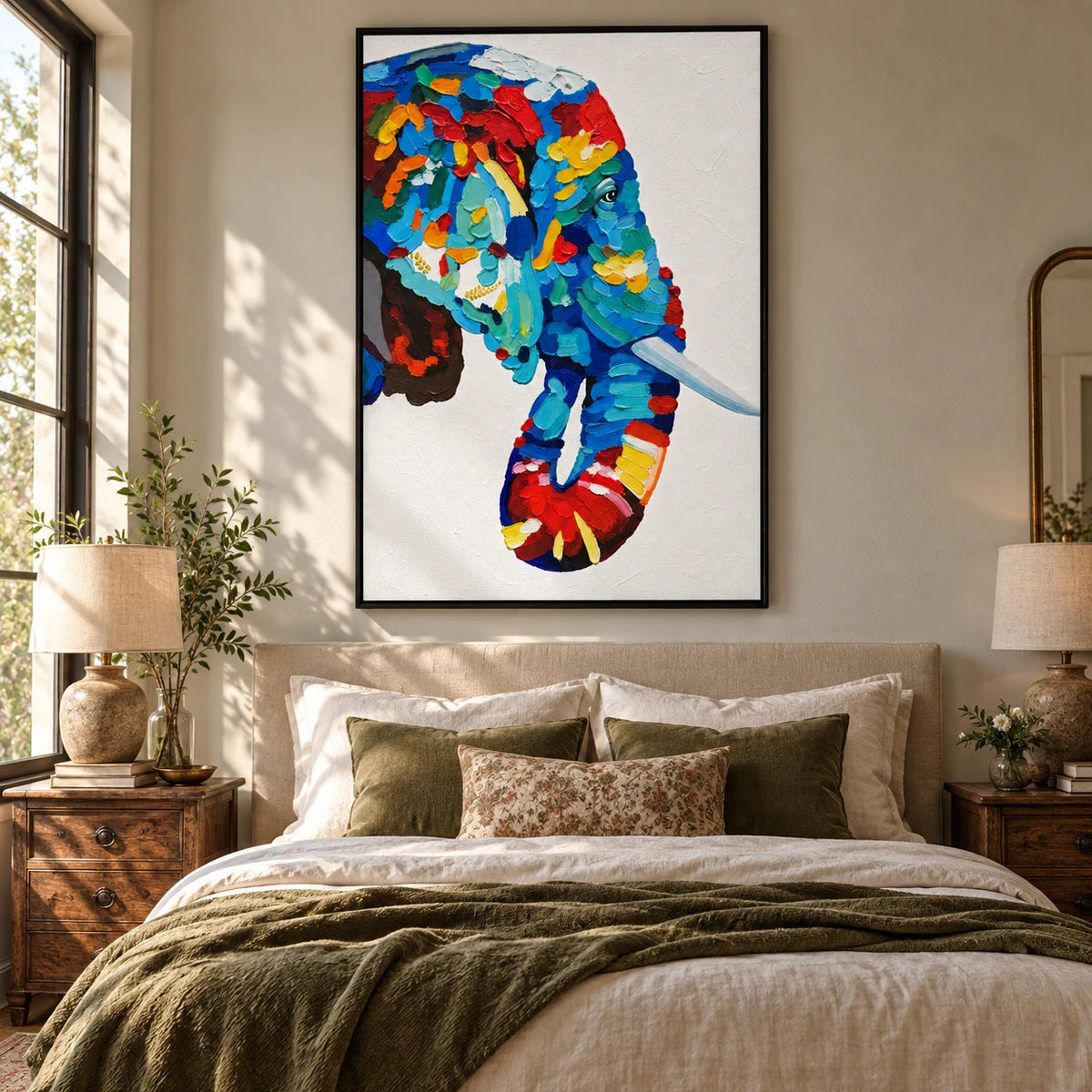 Ownanart Hand-Painted Colorful Blue Elephant Portrait with White Tusk Oil Painting – 3D Textured Vertical Impasto Canvas Wall Art for Living Room Bedroom Entryway and Office