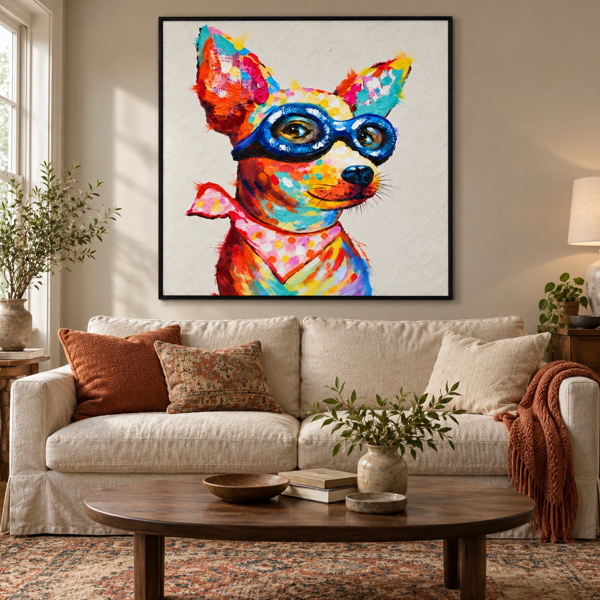 Ownanart Hand-Painted Colorful Chihuahua Dog Wearing Blue Glasses and Pink Bandana Oil Painting – 3D Textured Square Impasto Canvas Wall Art for Living Room Bedroom Entryway and Office