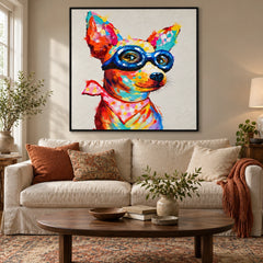 Ownanart Hand-Painted Colorful Chihuahua Dog Wearing Blue Glasses and Pink Bandana Oil Painting – 3D Textured Square Impasto Canvas Wall Art for Living Room Bedroom Entryway and Office #OA 1555