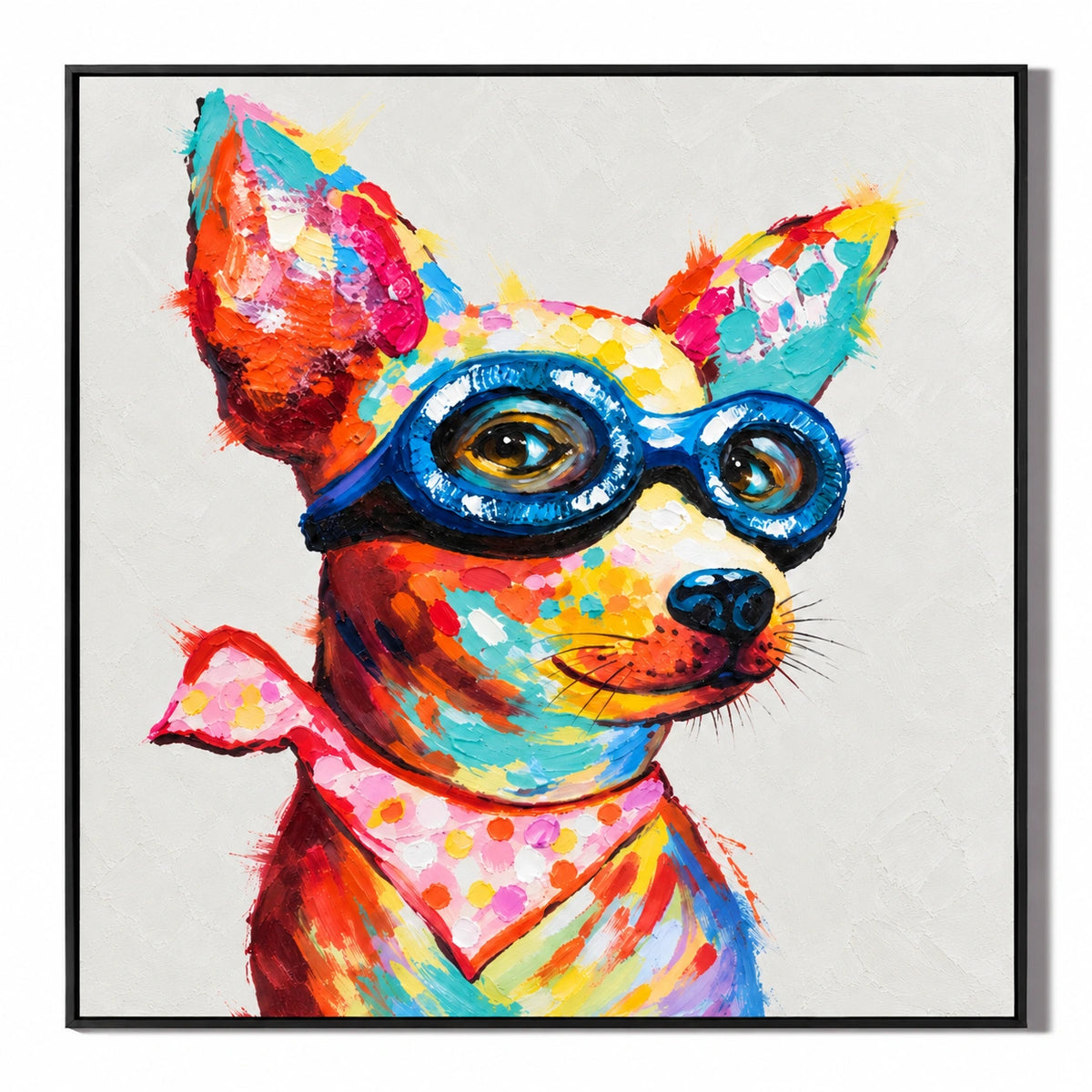 Ownanart Hand-Painted Colorful Chihuahua Dog Wearing Blue Glasses and Pink Bandana Oil Painting – 3D Textured Square Impasto Canvas Wall Art for Living Room Bedroom Entryway and Office