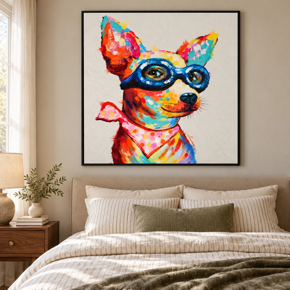 Ownanart Hand-Painted Colorful Chihuahua Dog Wearing Blue Glasses and Pink Bandana Oil Painting – 3D Textured Square Impasto Canvas Wall Art for Living Room Bedroom Entryway and Office