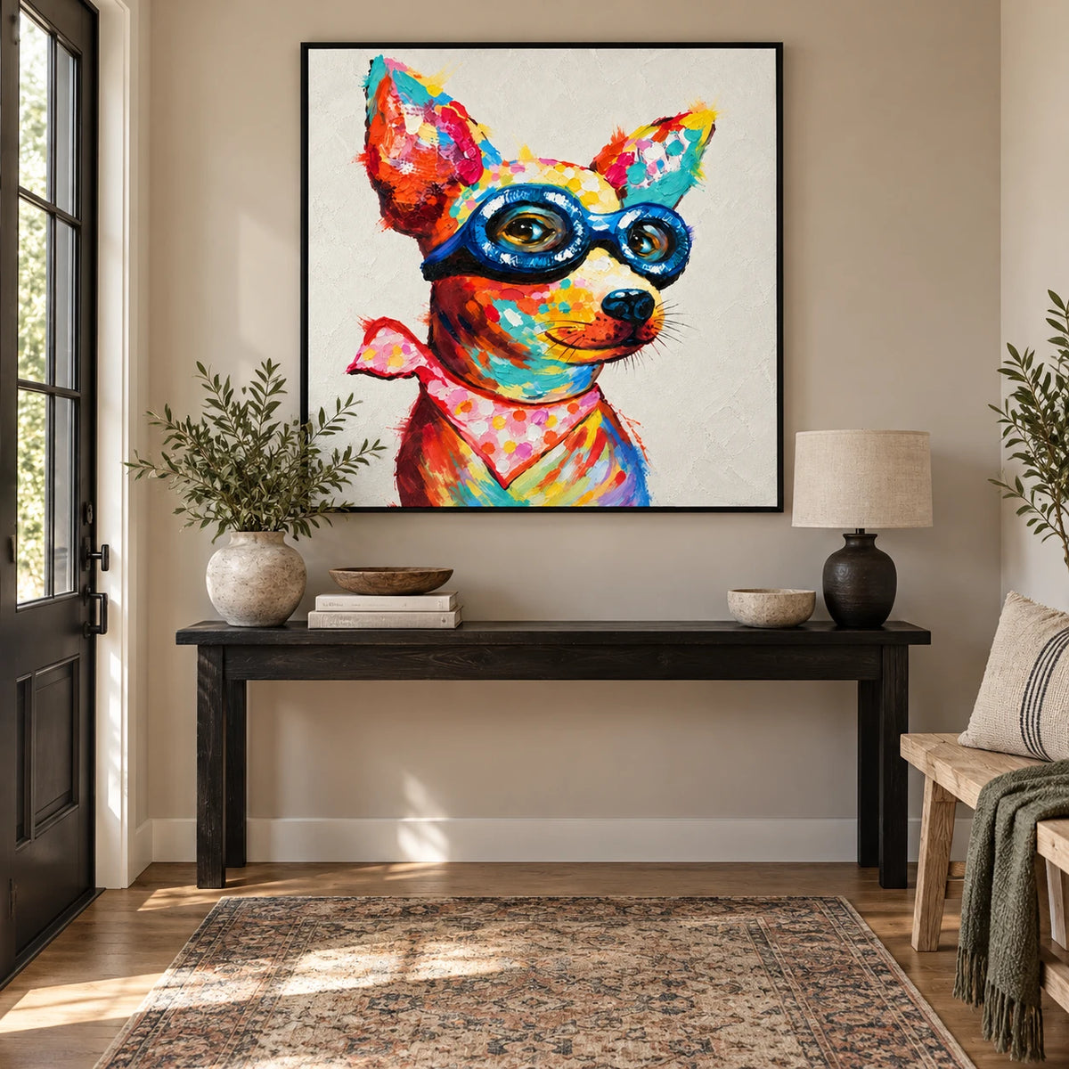 Ownanart Hand-Painted Colorful Chihuahua Dog Wearing Blue Glasses and Pink Bandana Oil Painting – 3D Textured Square Impasto Canvas Wall Art for Living Room Bedroom Entryway and Office