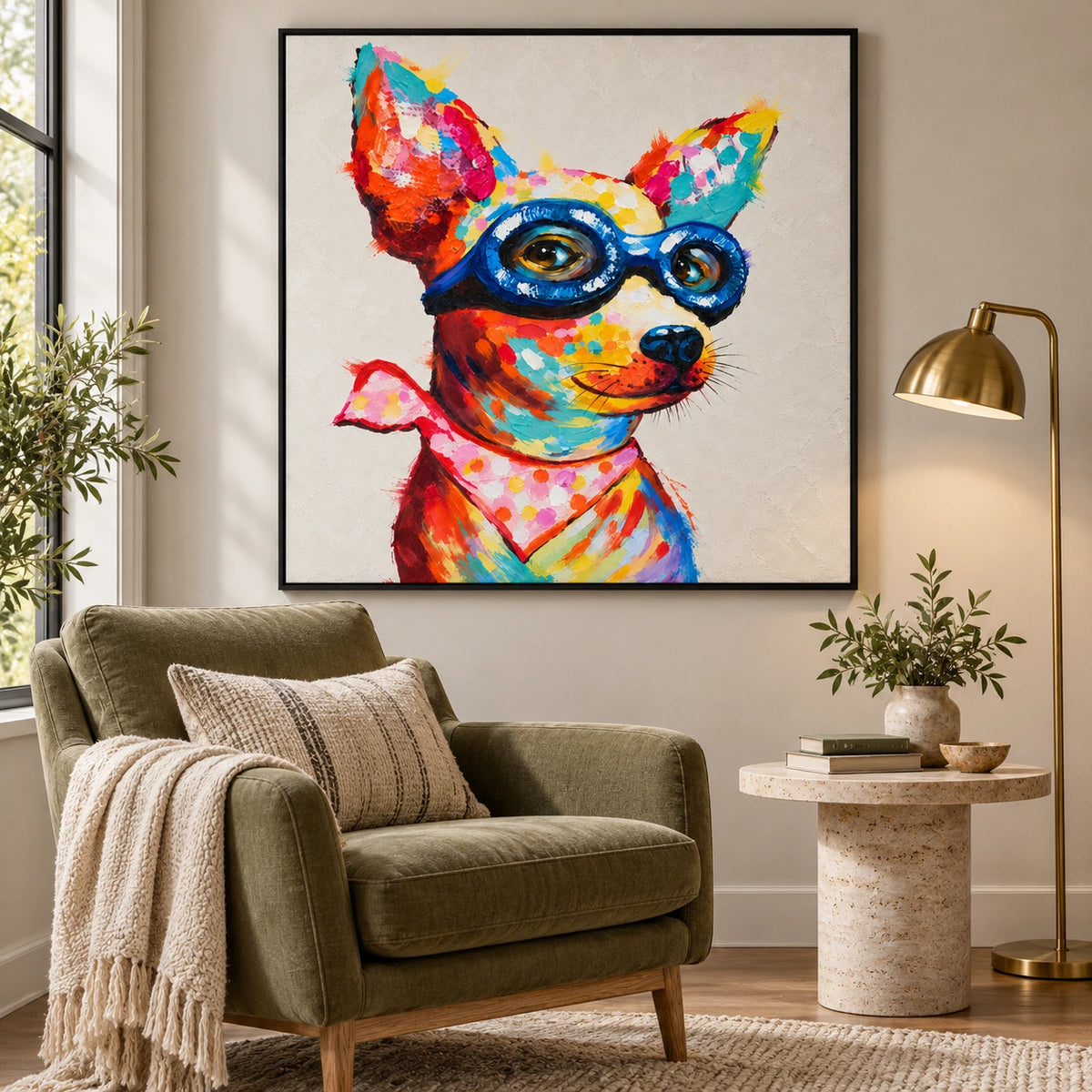 Ownanart Hand-Painted Colorful Chihuahua Dog Wearing Blue Glasses and Pink Bandana Oil Painting – 3D Textured Square Impasto Canvas Wall Art for Living Room Bedroom Entryway and Office