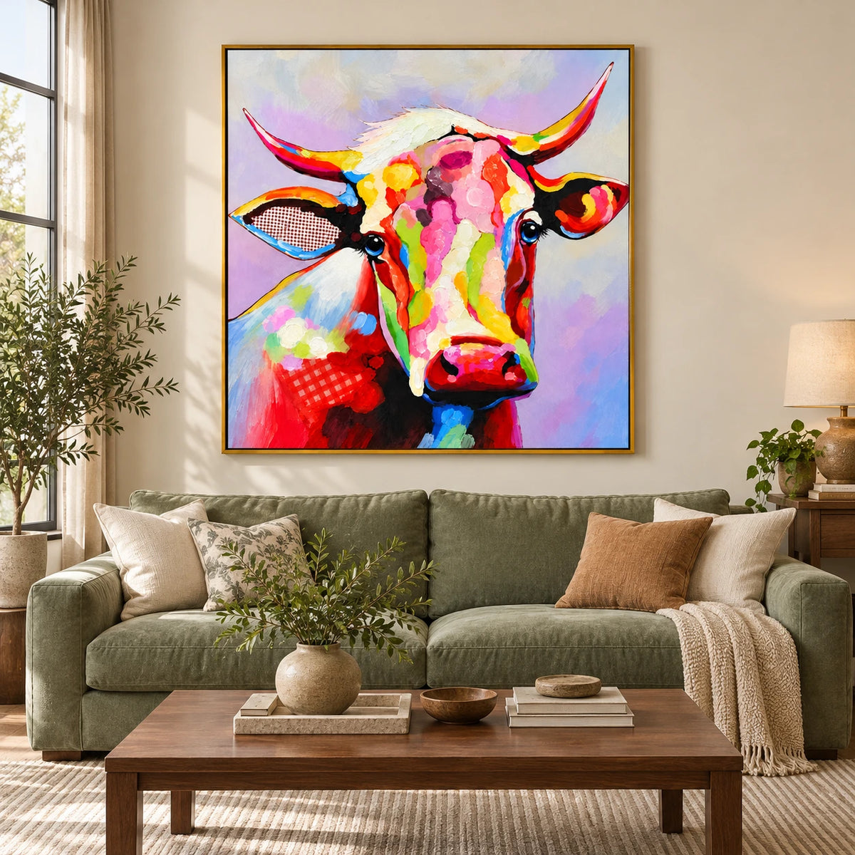 Ownanart Hand-Painted Colorful Cow Portrait with Pink and Yellow Horns Oil Painting – 3D Textured Square Impasto Canvas Wall Art for Living Room Bedroom Entryway and Office