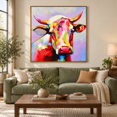 Ownanart Hand-Painted Colorful Cow Portrait with Pink and Yellow Horns Oil Painting – 3D Textured Square Impasto Canvas Wall Art for Living Room Bedroom Entryway and Office #OA 1553
