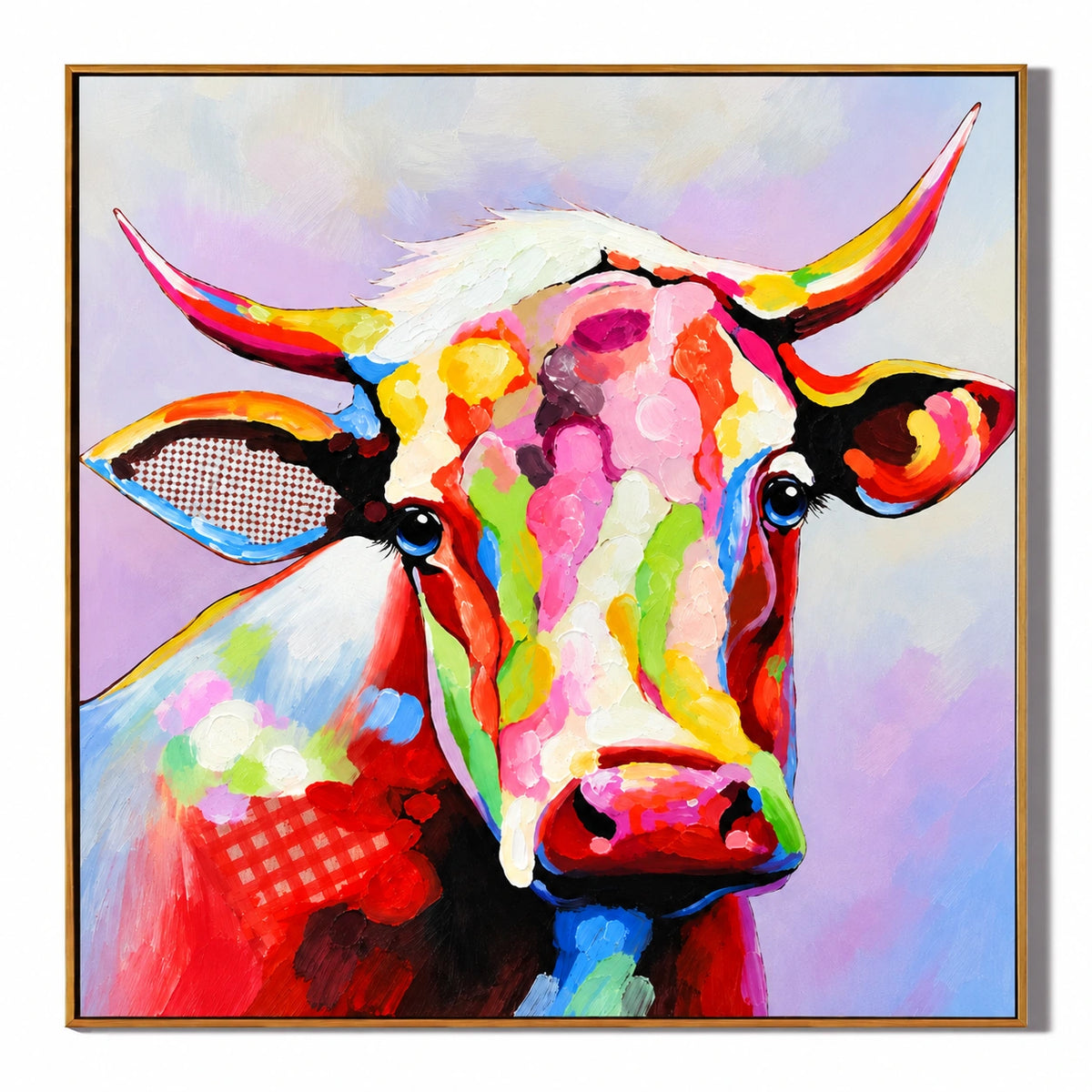 Ownanart Hand-Painted Colorful Cow Portrait with Pink and Yellow Horns Oil Painting – 3D Textured Square Impasto Canvas Wall Art for Living Room Bedroom Entryway and Office