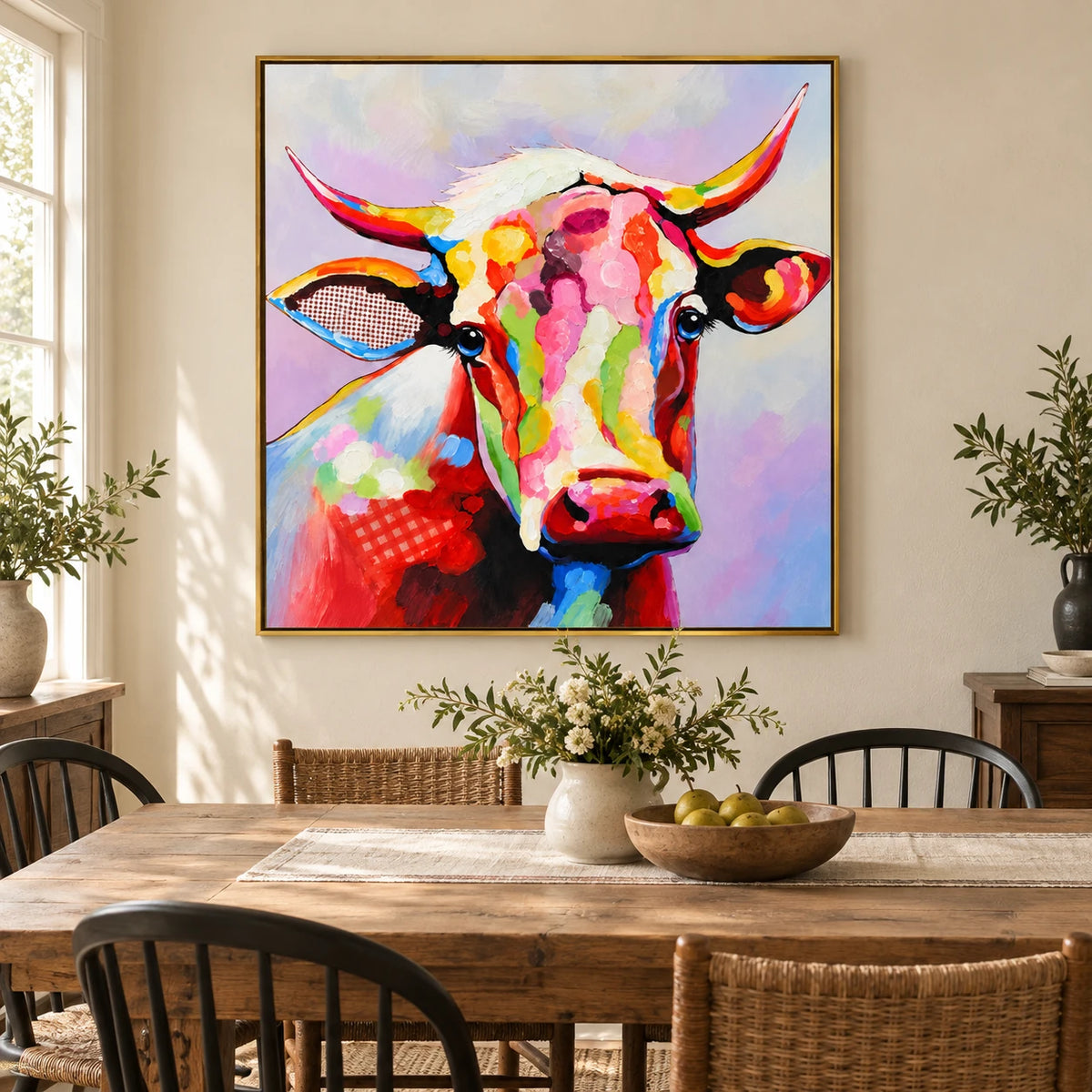 Ownanart Hand-Painted Colorful Cow Portrait with Pink and Yellow Horns Oil Painting – 3D Textured Square Impasto Canvas Wall Art for Living Room Bedroom Entryway and Office