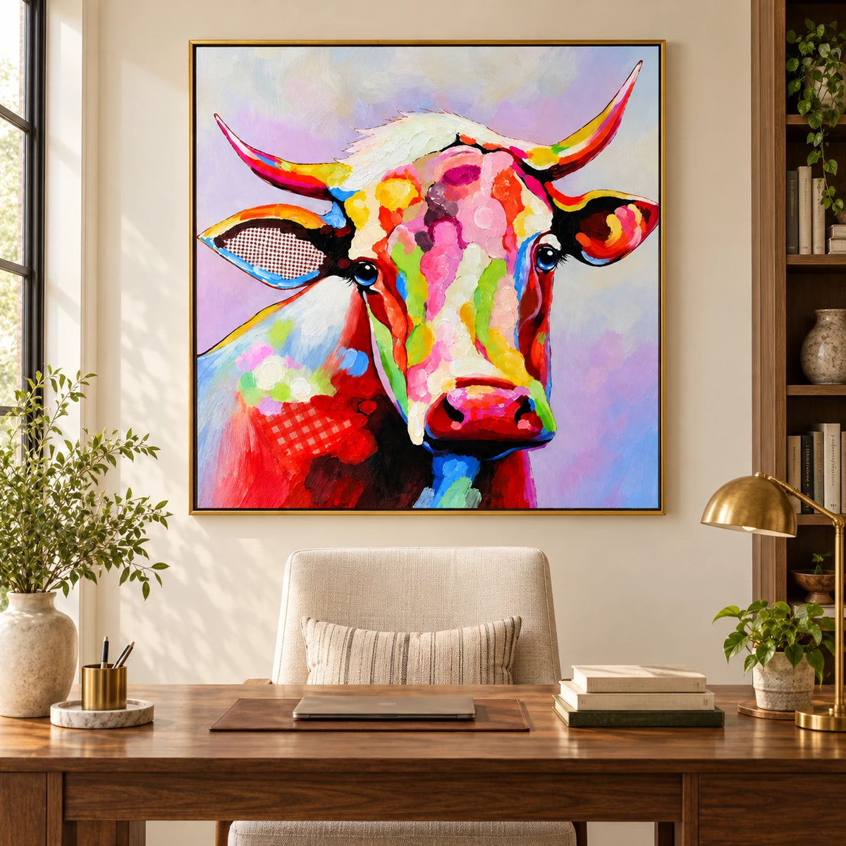 Ownanart Hand-Painted Colorful Cow Portrait with Pink and Yellow Horns Oil Painting – 3D Textured Square Impasto Canvas Wall Art for Living Room Bedroom Entryway and Office