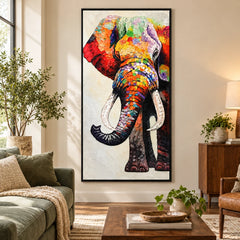Ownanart Hand-Painted Colorful Elephant Portrait with White Tusks Oil Painting – 3D Textured Vertical Impasto Canvas Wall Art for Living Room Bedroom Entryway and Office #OA 1569