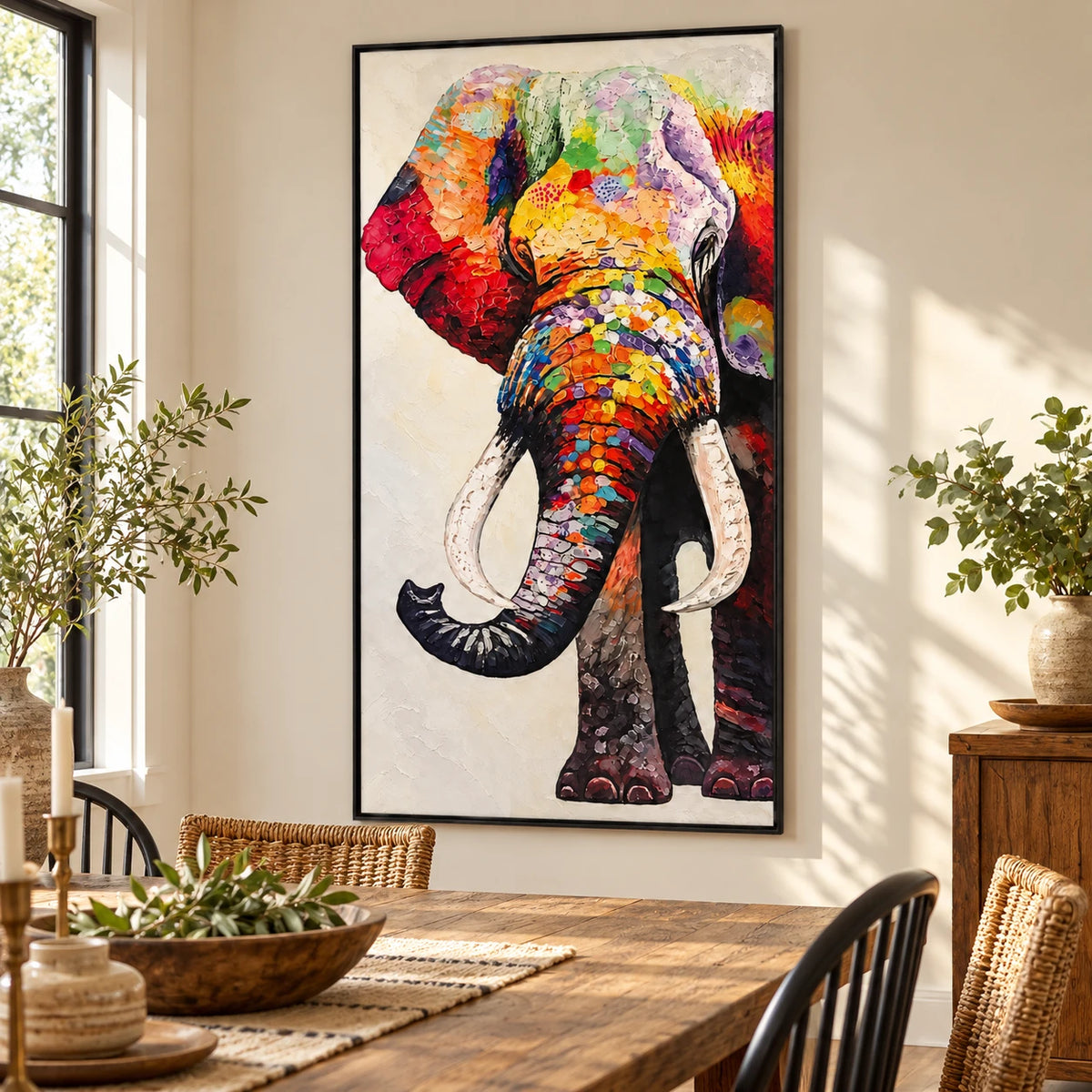 Ownanart Hand-Painted Colorful Elephant Portrait with White Tusks Oil Painting – 3D Textured Vertical Impasto Canvas Wall Art for Living Room Bedroom Entryway and Office