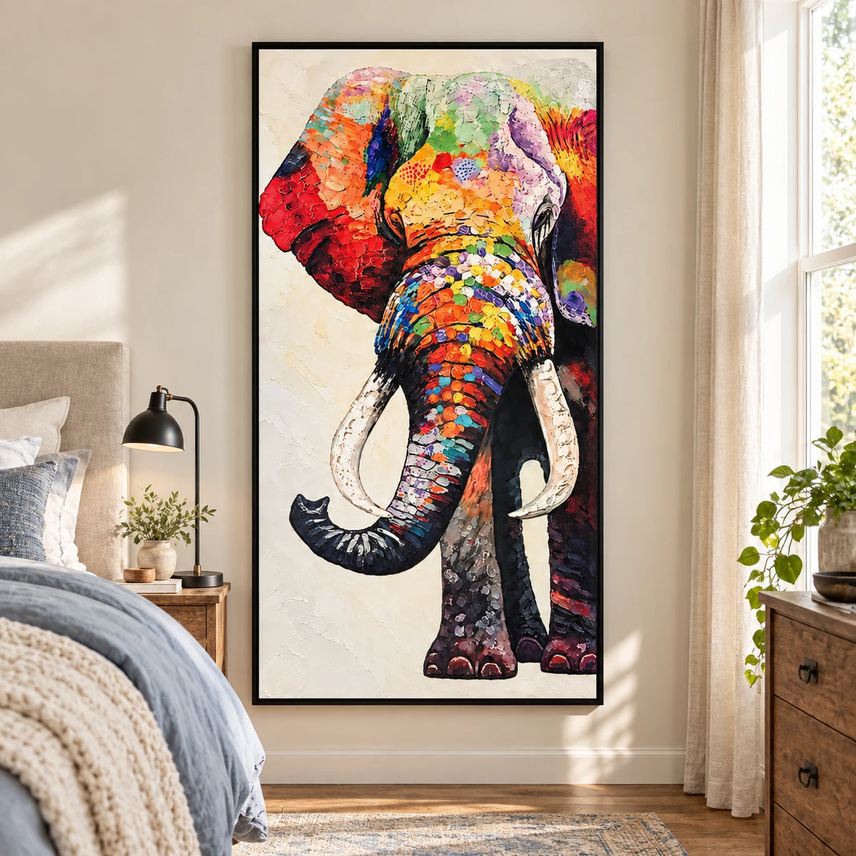 Ownanart Hand-Painted Colorful Elephant Portrait with White Tusks Oil Painting – 3D Textured Vertical Impasto Canvas Wall Art for Living Room Bedroom Entryway and Office