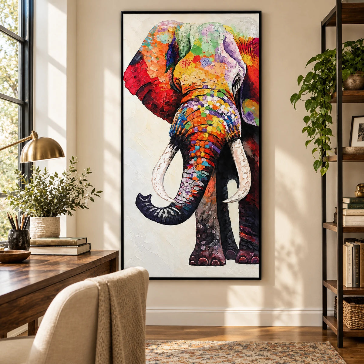 Ownanart Hand-Painted Colorful Elephant Portrait with White Tusks Oil Painting – 3D Textured Vertical Impasto Canvas Wall Art for Living Room Bedroom Entryway and Office