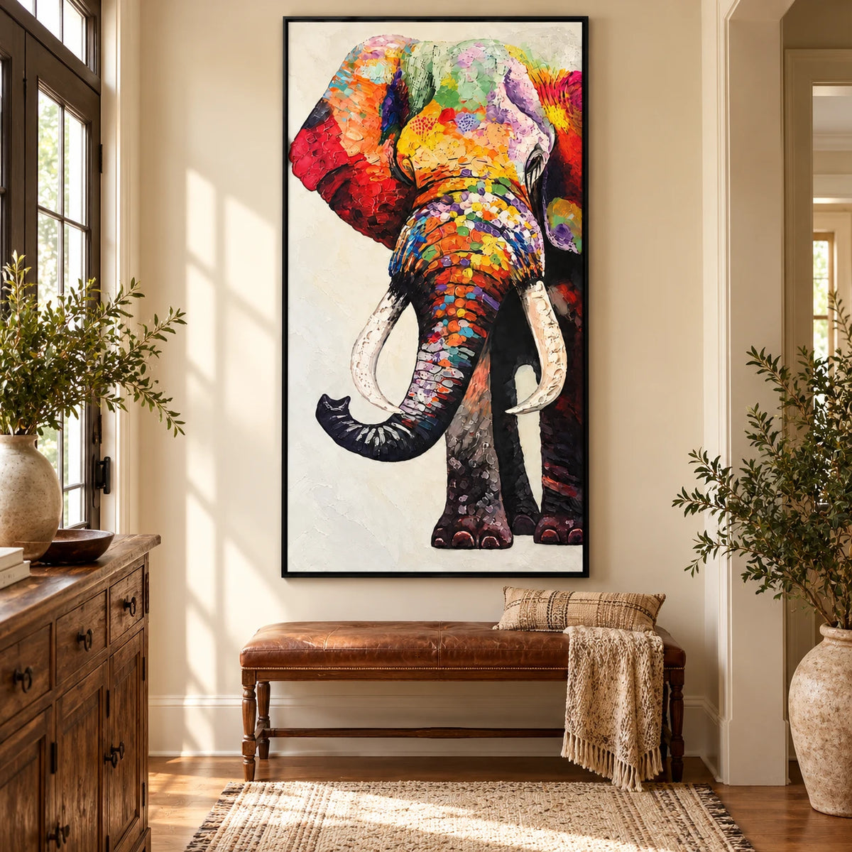 Ownanart Hand-Painted Colorful Elephant Portrait with White Tusks Oil Painting – 3D Textured Vertical Impasto Canvas Wall Art for Living Room Bedroom Entryway and Office