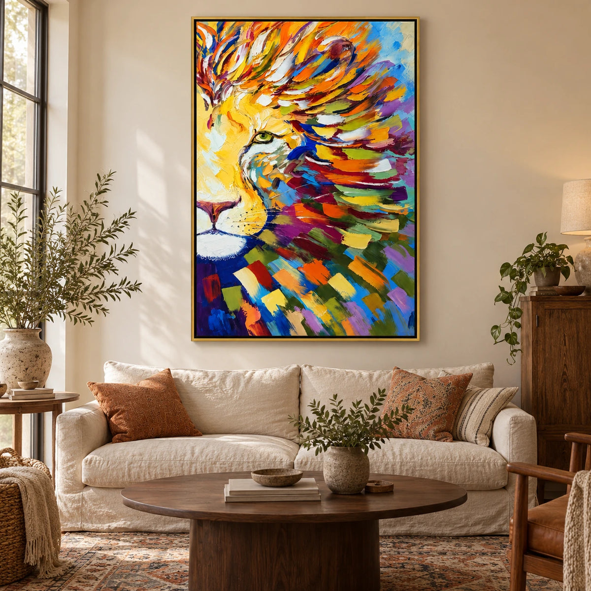 Ownanart Hand-Painted Colorful Lion Portrait Oil Painting – 3D Textured Vertical Impasto Canvas Wall Art for Living Room Bedroom Entryway and Office