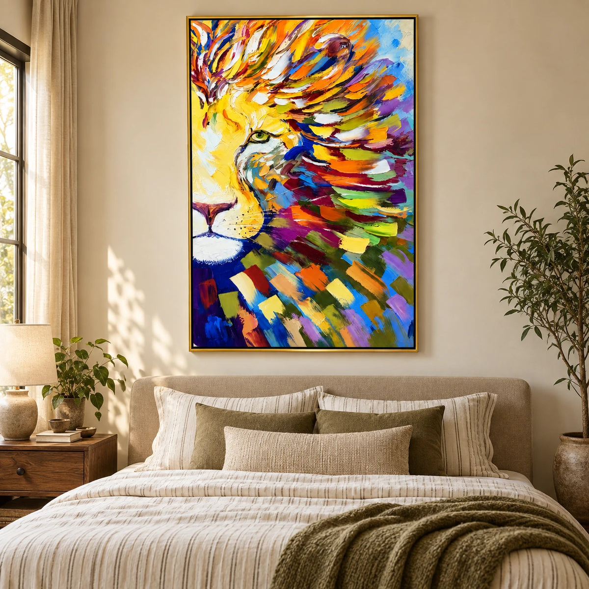 Ownanart Hand-Painted Colorful Lion Portrait Oil Painting – 3D Textured Vertical Impasto Canvas Wall Art for Living Room Bedroom Entryway and Office