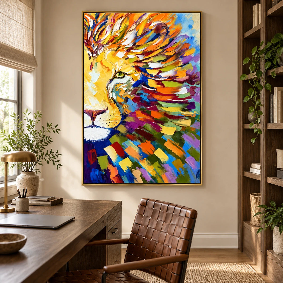 Ownanart Hand-Painted Colorful Lion Portrait Oil Painting – 3D Textured Vertical Impasto Canvas Wall Art for Living Room Bedroom Entryway and Office