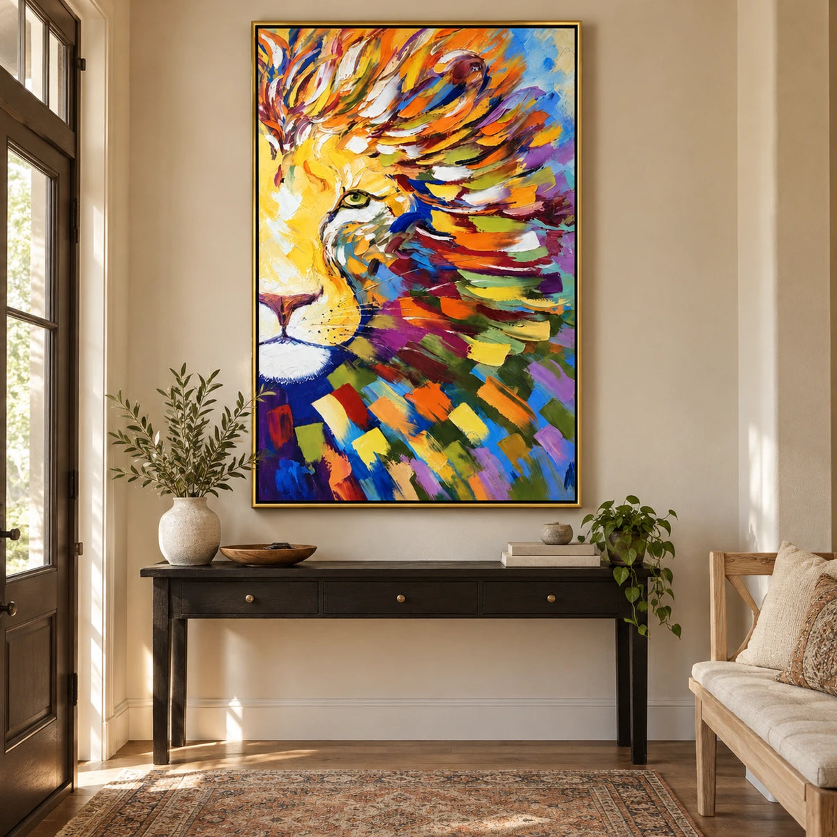 Ownanart Hand-Painted Colorful Lion Portrait Oil Painting – 3D Textured Vertical Impasto Canvas Wall Art for Living Room Bedroom Entryway and Office