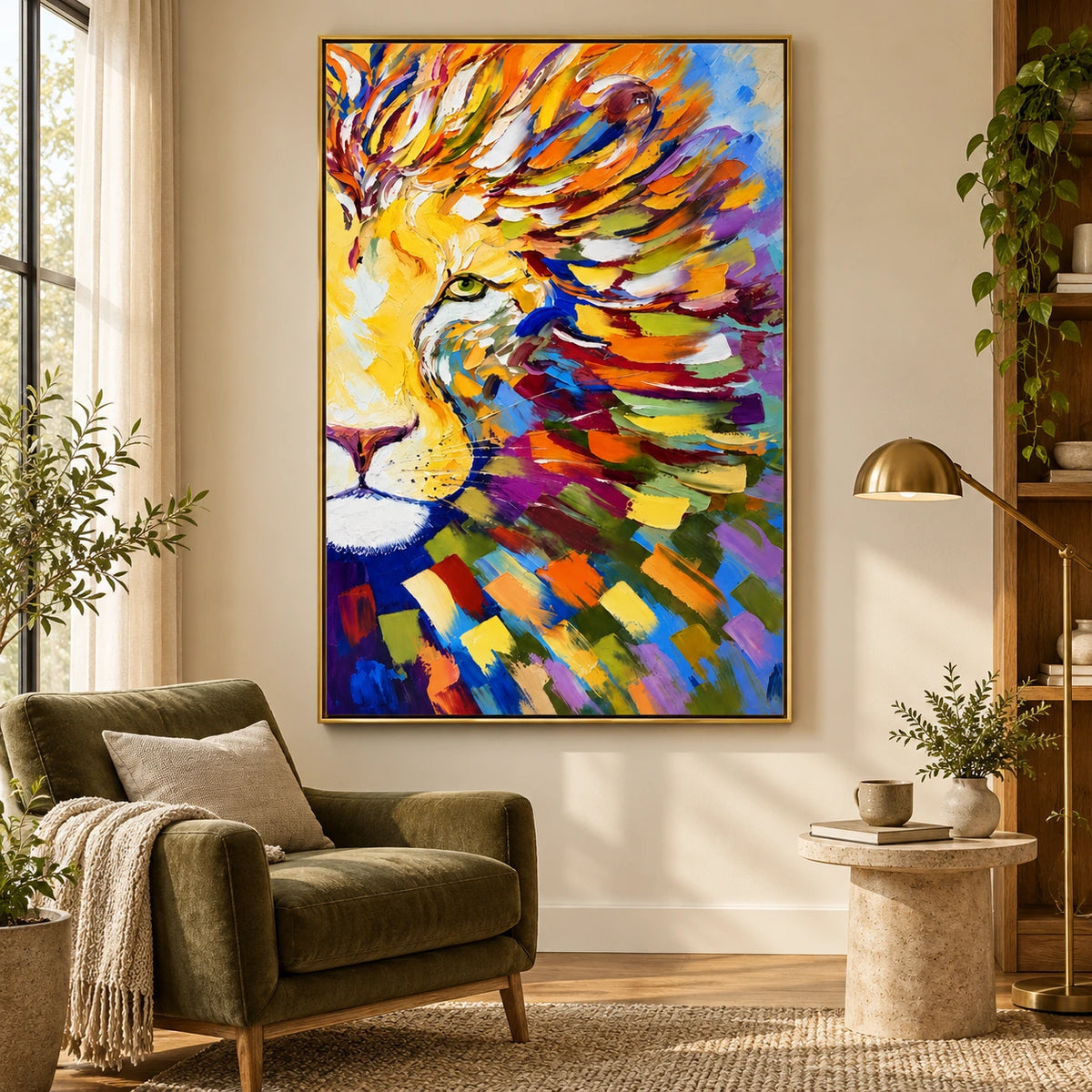 Ownanart Hand-Painted Colorful Lion Portrait Oil Painting – 3D Textured Vertical Impasto Canvas Wall Art for Living Room Bedroom Entryway and Office