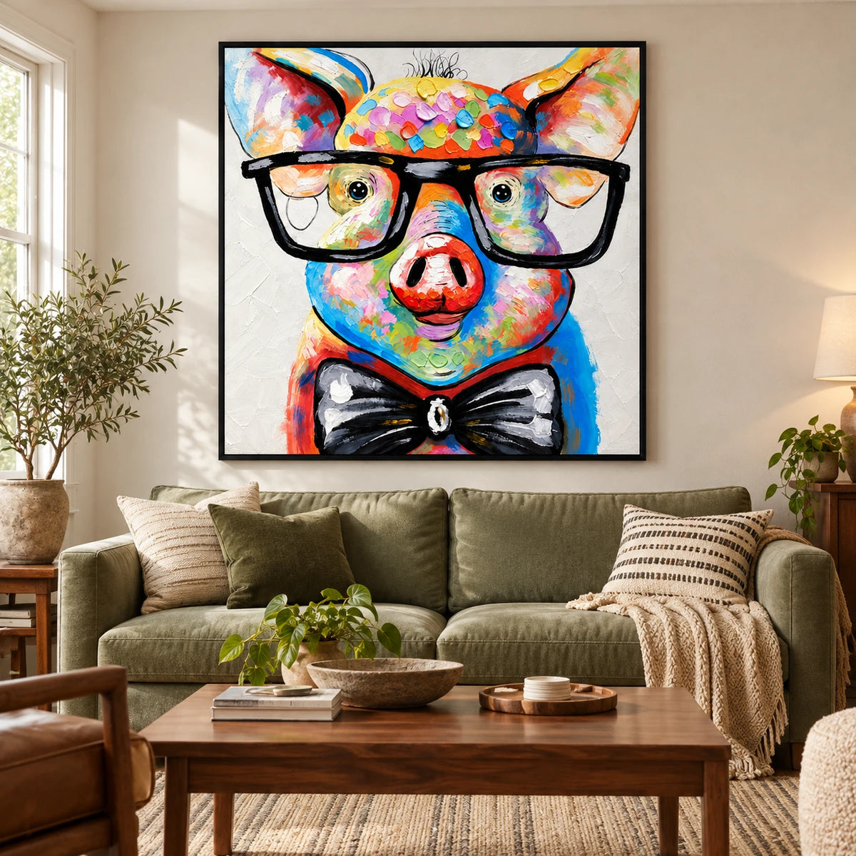 Ownanart Hand-Painted Colorful Pig Wearing Black Glasses and Bow Tie Oil Painting – 3D Textured Square Impasto Canvas Wall Art for Living Room Bedroom Entryway and Office