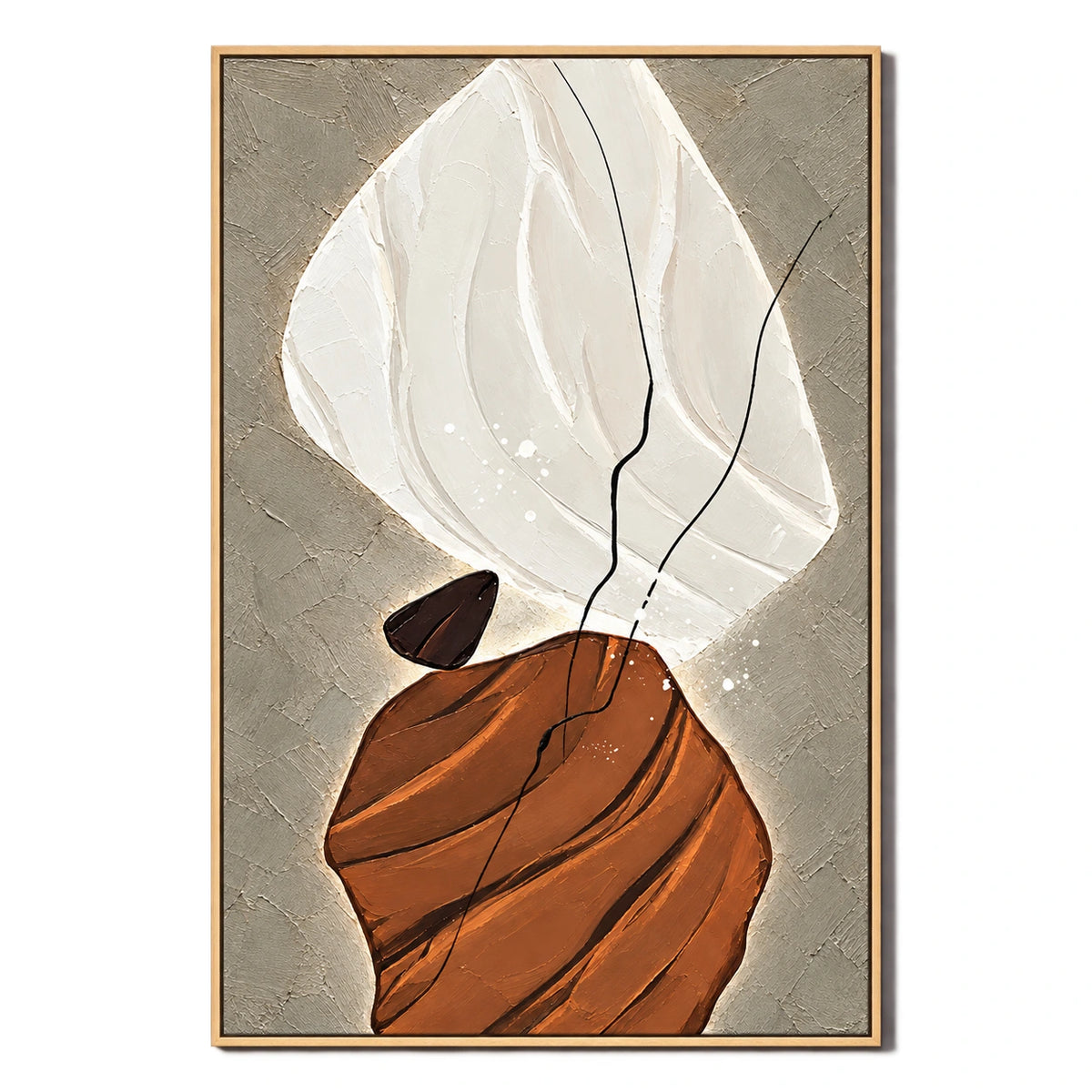 Ownanart Hand-Painted Cream Brown and Taupe Organic Abstract with Black Lines Oil Painting – 3D Textured Vertical Impasto Canvas Wall Art for Living Room Bedroom Entryway and Office