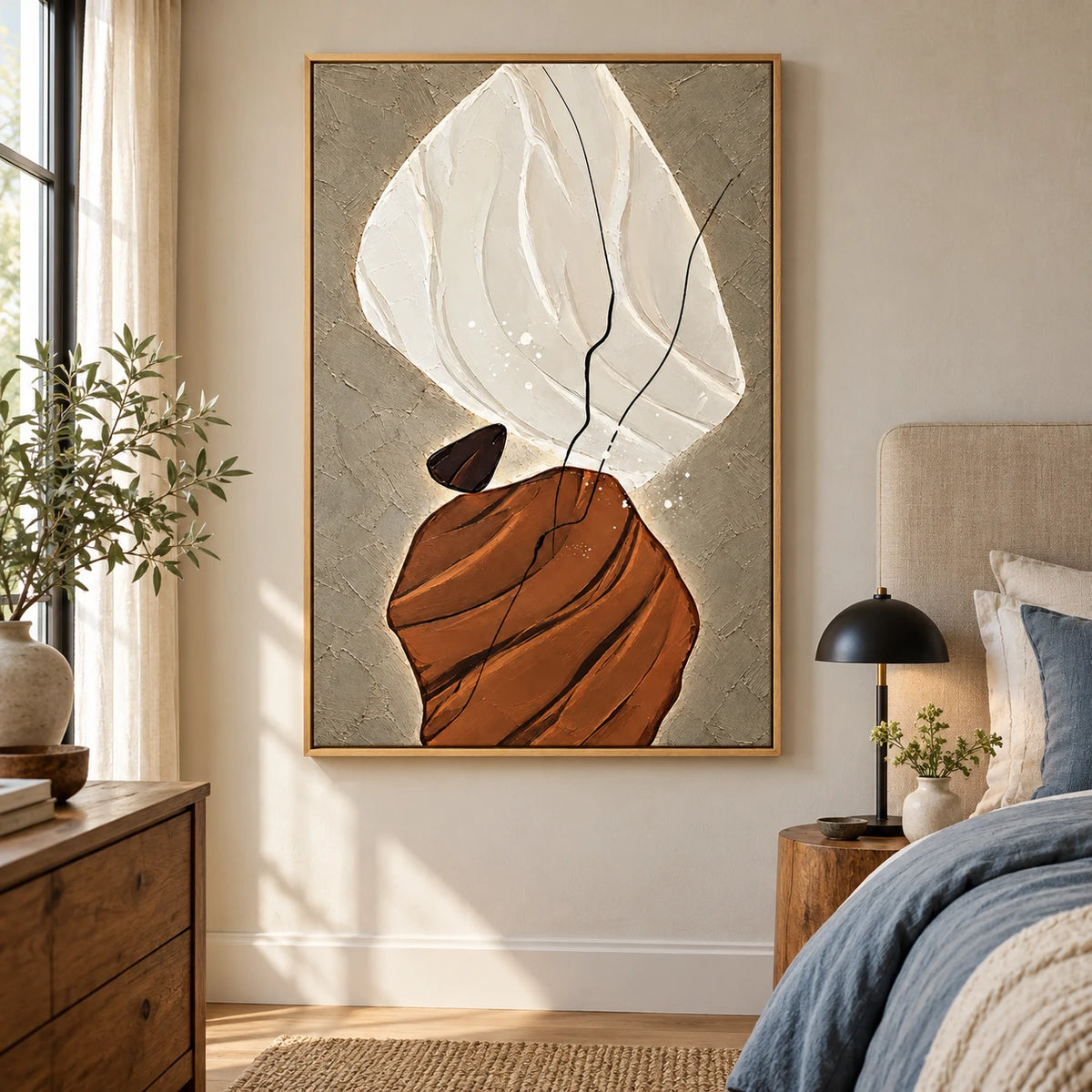 Ownanart Hand-Painted Cream Brown and Taupe Organic Abstract with Black Lines Oil Painting – 3D Textured Vertical Impasto Canvas Wall Art for Living Room Bedroom Entryway and Office