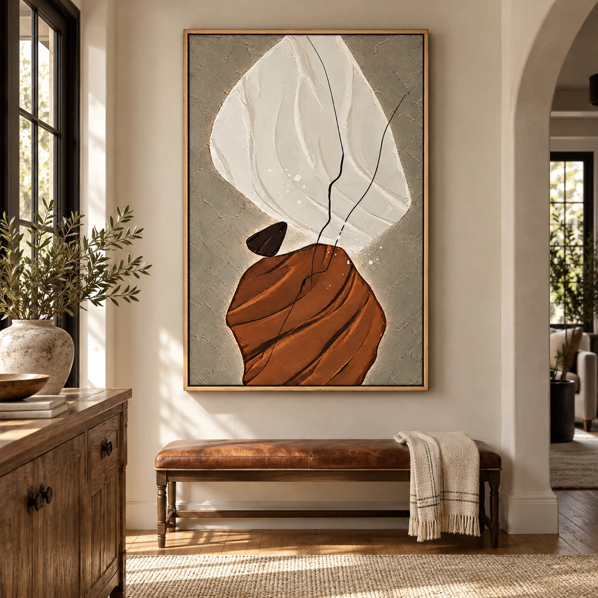 Ownanart Hand-Painted Cream Brown and Taupe Organic Abstract with Black Lines Oil Painting – 3D Textured Vertical Impasto Canvas Wall Art for Living Room Bedroom Entryway and Office