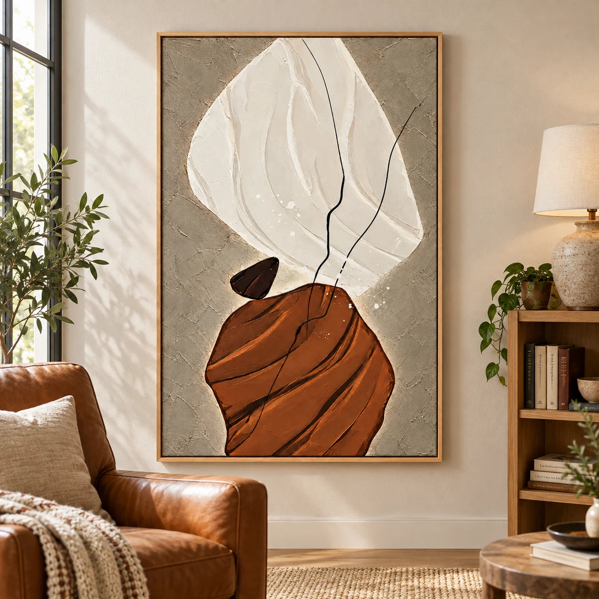 Ownanart Hand-Painted Cream Brown and Taupe Organic Abstract with Black Lines Oil Painting – 3D Textured Vertical Impasto Canvas Wall Art for Living Room Bedroom Entryway and Office