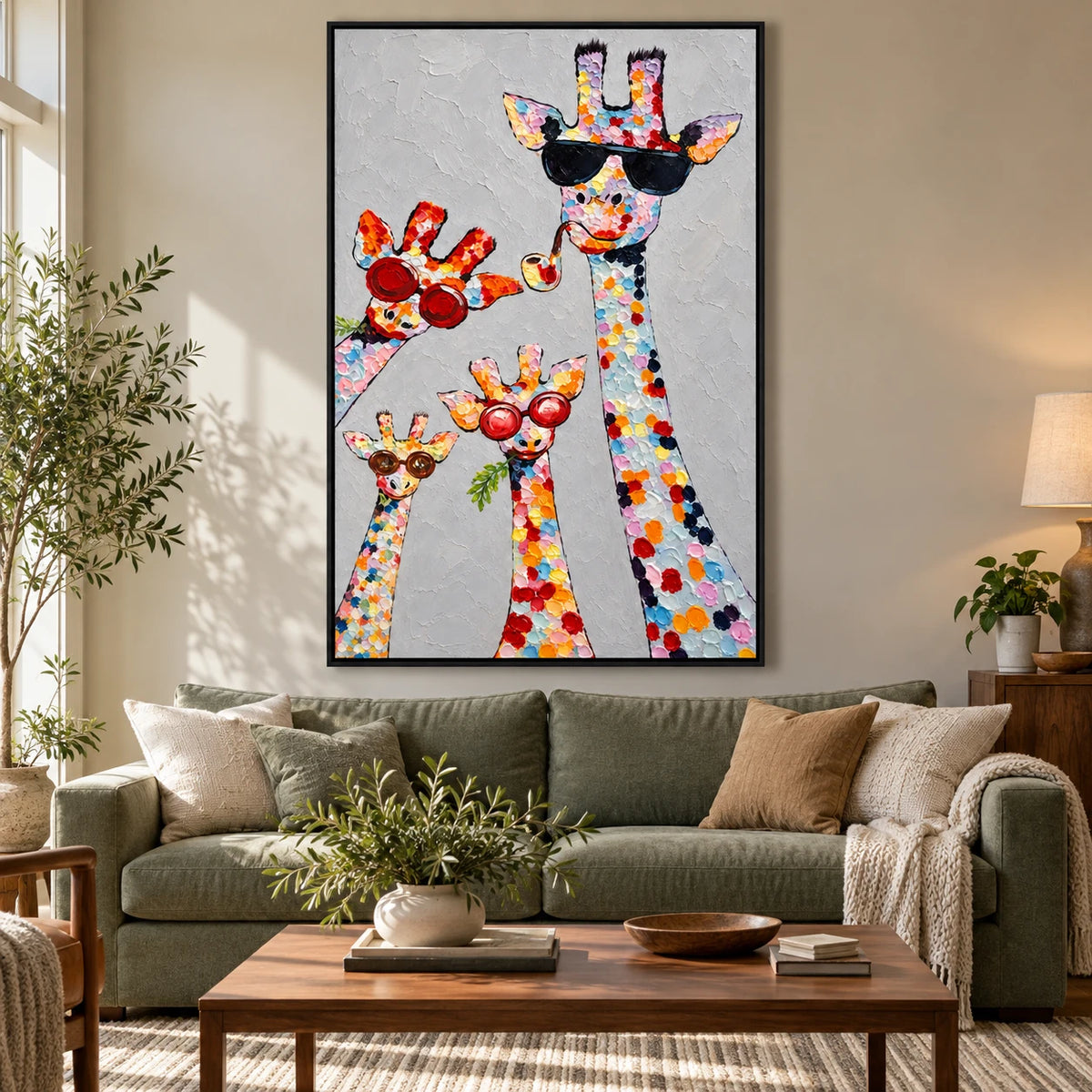 Ownanart Hand-Painted Four Colorful Giraffes with Sunglasses and Pipe Oil Painting – 3D Textured Vertical Impasto Canvas Wall Art for Living Room Bedroom Entryway and Office