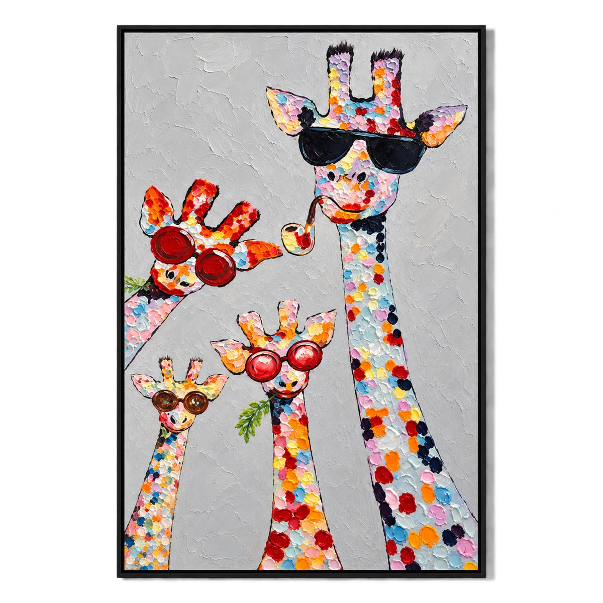 Ownanart Hand-Painted Four Colorful Giraffes with Sunglasses and Pipe Oil Painting – 3D Textured Vertical Impasto Canvas Wall Art for Living Room Bedroom Entryway and Office