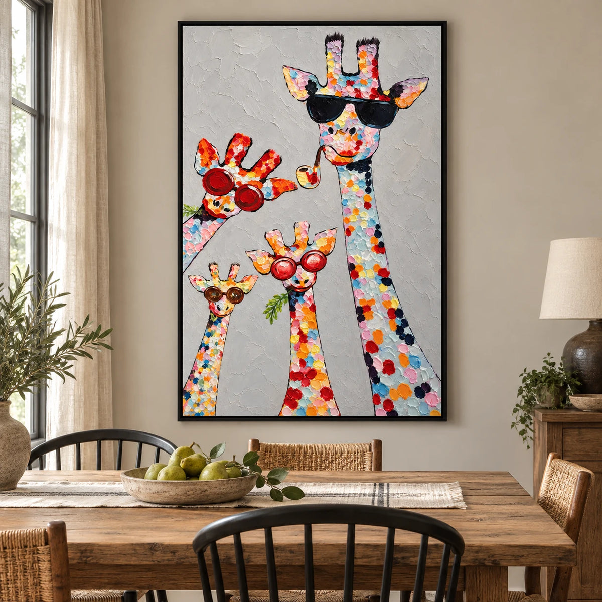 Ownanart Hand-Painted Four Colorful Giraffes with Sunglasses and Pipe Oil Painting – 3D Textured Vertical Impasto Canvas Wall Art for Living Room Bedroom Entryway and Office